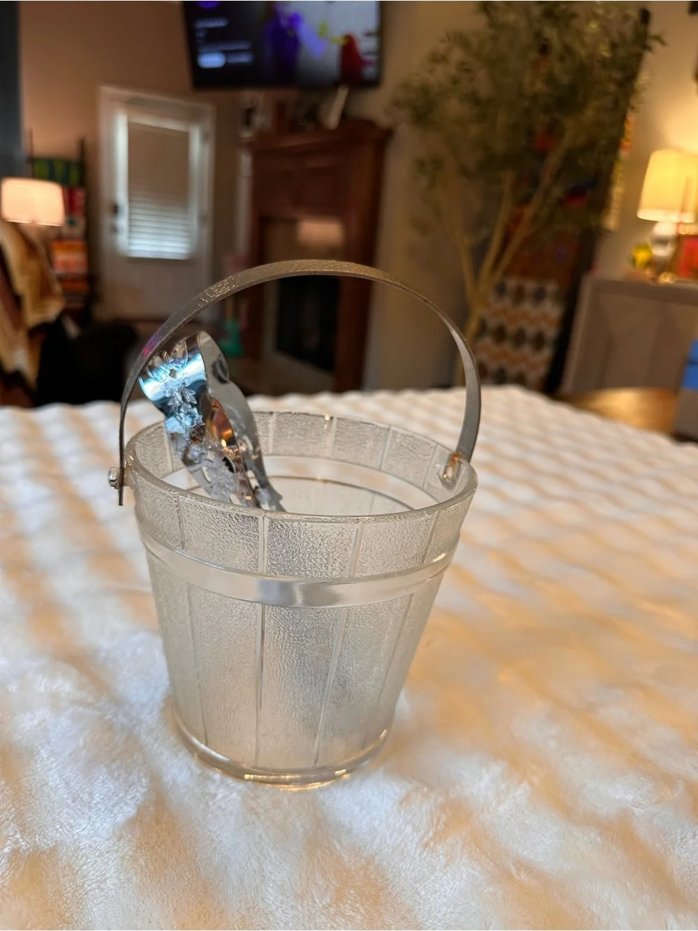 Vintage Textured Glass Ice Bucket with Metal Handle & Tongs